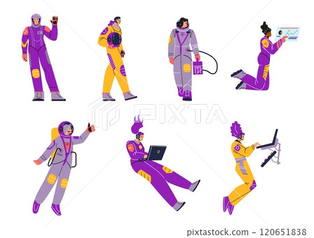 Illustration of a set of female astronauts in protective suits in different poses and actions. 120651838