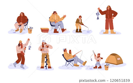 Vector set of illustrations with characters engaged in ice fishing. 120651839