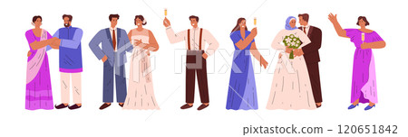 Vector illustration of a set of wedding couples in traditional clothes celebrating with guests. 120651842