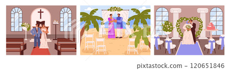 Vector set a wedding venue for the bride, groom in a beach and church background 120651846
