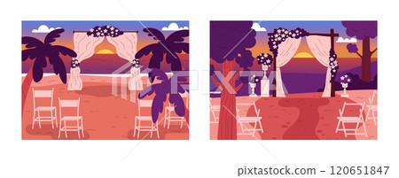 Vector set of two illustrations depicting wedding arches on the seashore and in the park. Vector set of two illustrations depicting wedding arches on the seashore and in the park. 120651847