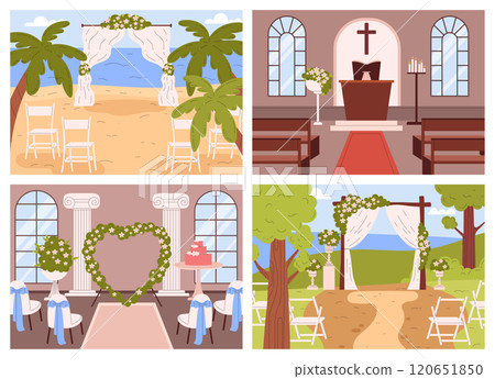 Wedding venue vector illustrations set, floral archway on the nature, chapel for marriage ceremony background collection Wedding venue vector illustrations set, floral archway on the nature, chapel for marriage ceremony background collection 120651850