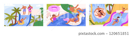 A vector collection of three illustrations of water park scenes featuring families enjoying water slides 120651851