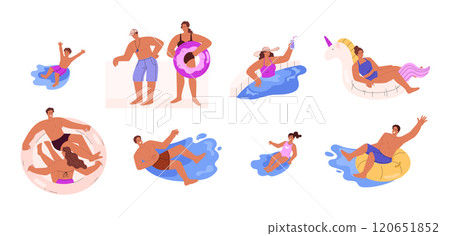 Vector illustration of a set showing characters enjoying their vacation at the water park. 120651852