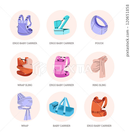 Ergo baby carrier, wrap sling, textile pouch carriers for newborn vector set with titles, healthy parenting accessory Ergo baby carrier, wrap sling, textile pouch carriers for newborn vector set with titles, healthy parenting accessory 120651858