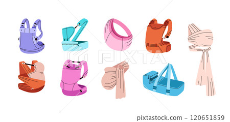 Vector illustration depicting various types of ergonomic baby carrier on a white background 120651859