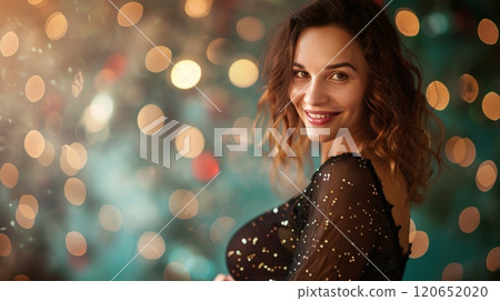 Beautiful Woman Smiling In Front of Christmas Lights, Festive Portrait, Holiday Celebration 120652020
