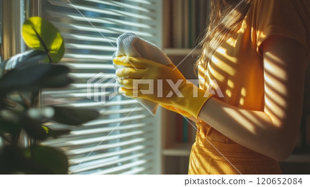 Woman Cleaning Window with White Cloth and Yellow Gloves, Sunlit Interior with Bookshelves 120652084