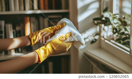Woman Cleaning Window with White Cloth, Yellow Gloves, and Soft Sunlight, Cozy Home Interior 120652085