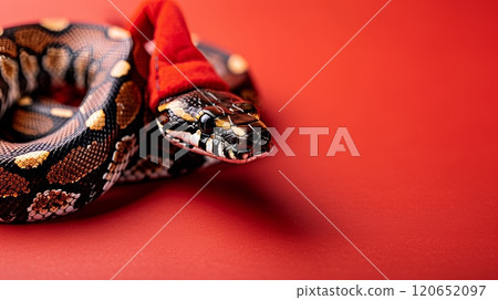 Festive Snake with Santa Hat on Red Background Christmas or New Year Concept with Space for Text Festive Snake with Santa Hat on Red Background Christmas or New Year Concept with Space for Text 120652097