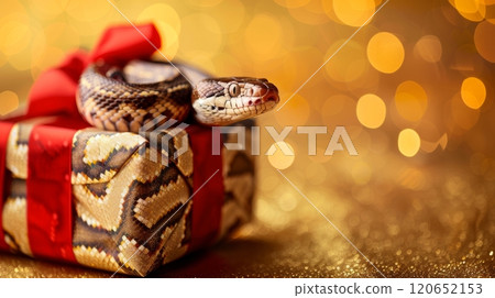 Curious Snake Peeking from Red Holiday Gift Box on Sparkling Gold Background With Bokeh. 120652153