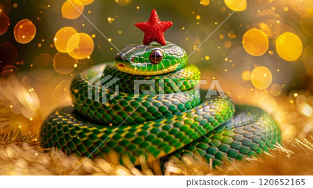 Green Tree Python Coiled into a Christmas Tree Shape with a Red Star, on Gold Background with Bokeh 120652165