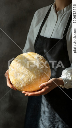Woman Baker Holding Freshly Baked Round Loaf of Bread, Close Up, Gray Background, Bakery Concept 120652236