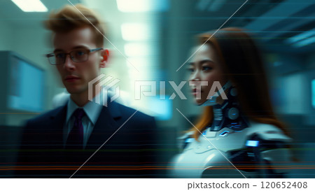 Human and robot in office corridor. AI generation 120652408