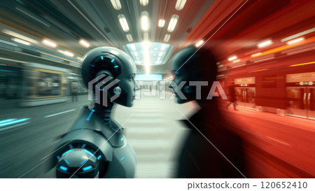 Robotic reflection in subway. AI generation 120652410