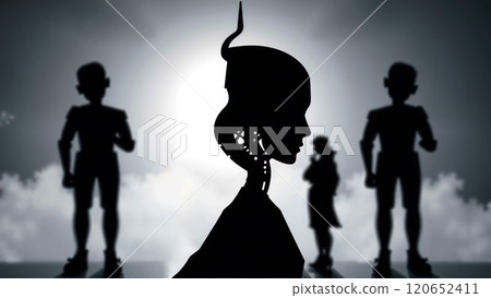 Silhouetted robot in backlight. AI generation 120652411