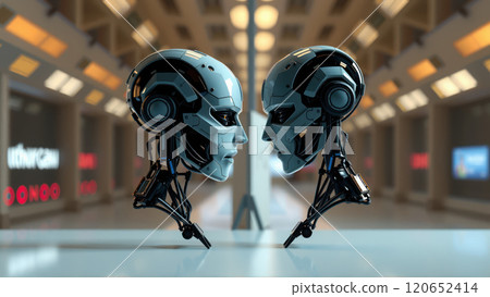 Indoor design of two robot heads. AI generation Indoor design of two robot heads. AI generation 120652414