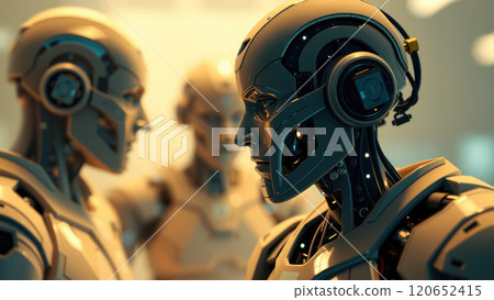 Gaze of a humanoid robot side view. AI generation 120652415
