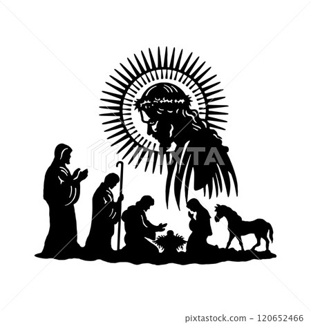 Holy Night silhouette - Nativity scene of baby Jesus silhouette in a manger with Mary and Joseph with the three wise men. Christian Christmas silhouette of animals. Illustration for children. 120652466