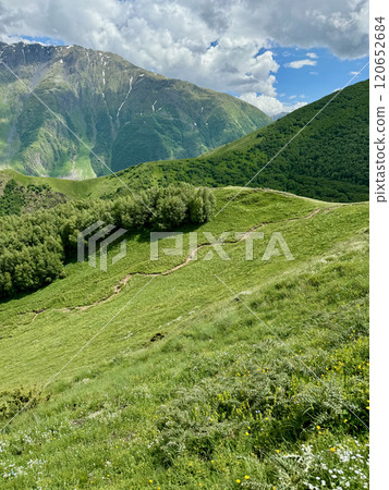 Path in the middle of a meadow against the green Caucasus mountains Path in the middle of a meadow against the green Caucasus mountains 120652684