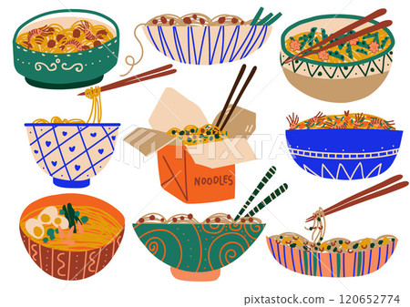 Noodles Set, Traditional Asian Food with Spices and Vegetables Vector Illustration 120652774
