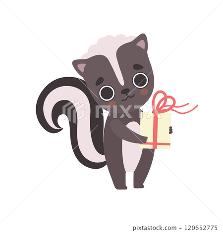 Cute Little Skunk with Gift Box, Adorable Baby Animal Cartoon Character Vector Illustration Cute Little Skunk with Gift Box, Adorable Baby Animal Cartoon Character Vector Illustration 120652775