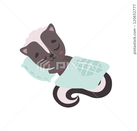 Cute Little Skunk Sleeping on Bed, Adorable Baby Animal Cartoon Character Vector Illustration 120652777