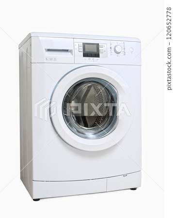 Modern White Front-Loading Washing Machine Against White Background 120652778