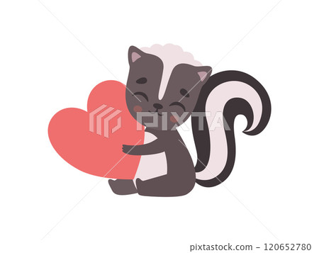 Cute Little Skunk Sitting with Red Heart, Adorable Baby Animal Cartoon Character Vector Illustration Cute Little Skunk Sitting with Red Heart, Adorable Baby Animal Cartoon Character Vector Illustration 120652780