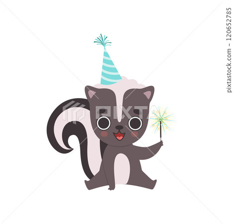 Cute Little Skunk Wearing Party Hat with Magic Wand, Adorable Baby Animal Cartoon Character Vector Illustration Cute Little Skunk Wearing Party Hat with Magic Wand, Adorable Baby Animal Cartoon Character Vector Illustration 120652785