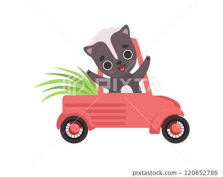 Cute Little Skunk Driving a Car, Adorable Baby Animal Cartoon Character Vector Illustration Cute Little Skunk Driving a Car, Adorable Baby Animal Cartoon Character Vector Illustration 120652786