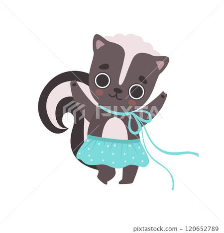 Cute Little Skunk Girl in Blue Skirt, Adorable Baby Animal Cartoon Character Vector Illustration Cute Little Skunk Girl in Blue Skirt, Adorable Baby Animal Cartoon Character Vector Illustration 120652789