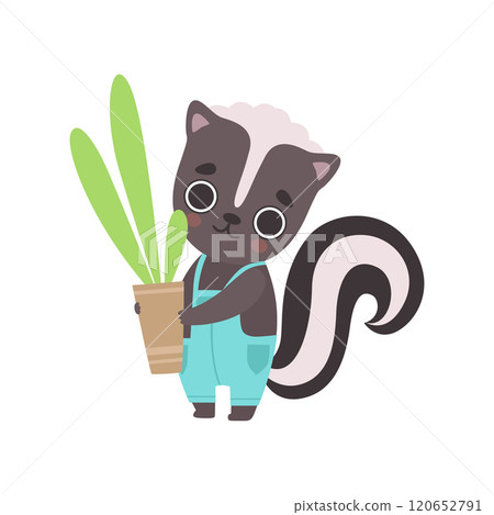 Cute Little Skunk Wearing Overall Holding Flower Pot with Houseplant, Adorable Baby Animal Cartoon Character Vector Illustration Cute Little Skunk Wearing Overall Holding Flower Pot with Houseplant, Adorable Baby Animal Cartoon Character Vector Illustration 120652791