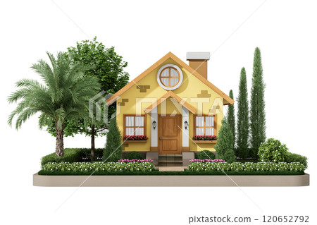 Front view of cottage style tiny yellow house surrounded by garden isolated on white background with clipping path 3d render Front view of cottage style tiny yellow house surrounded by garden isolated on white background with clipping path 3d render 120652792