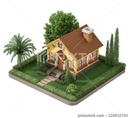 Aerial view of cottage style tiny yellow house surrounded by garden isolated on white background with clipping path 3d render Aerial view of cottage style tiny yellow house surrounded by garden isolated on white background with clipping path 3d render 120652793