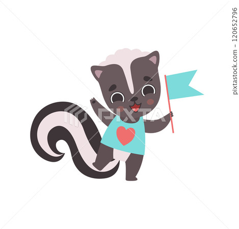 Cute Little Skunk with Flag, Adorable Baby Animal Cartoon Character Vector Illustration Cute Little Skunk with Flag, Adorable Baby Animal Cartoon Character Vector Illustration 120652796