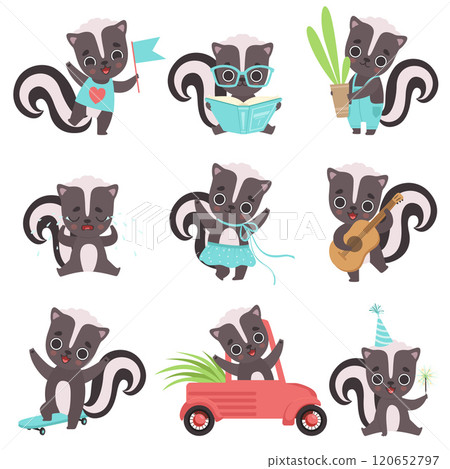 Cute Little Skunks Set, Adorable Baby Animals Cartoon Characters in Different Situations Vector Illustration 120652797