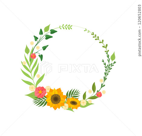 Floral Wreath with Blooming Flowers and Leaves, Circle Frame with Place for Text, Design Element For Greeting Card, Invitation Vector Illustration 120652803