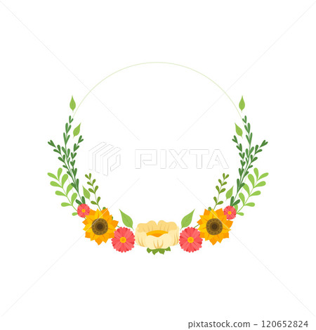 Floral Wreath Circle Frame with Blooming Flowers, Design Element For Greeting Card, Invitation Vector Illustration 120652824