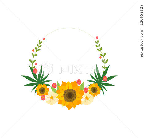 Floral Wreath Circle Frame with Sunflowers, Design Element For Greeting Card, Invitation Vector Illustration Floral Wreath Circle Frame with Sunflowers, Design Element For Greeting Card, Invitation Vector Illustration 120652825