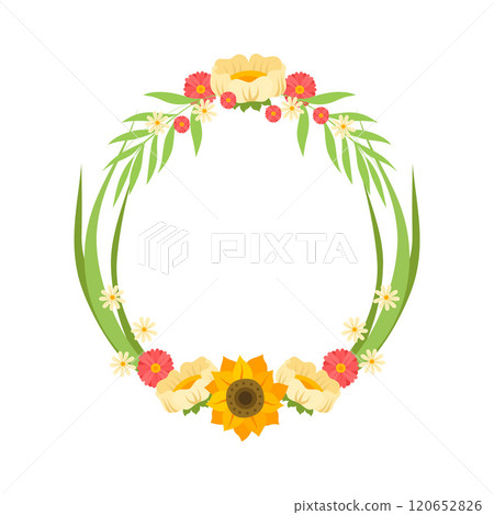 Floral Wreath with Flowers, Circle Frame with Place for Text, Design Element For Greeting Card, Invitation, Banner Vector Illustration Floral Wreath with Flowers, Circle Frame with Place for Text, Design Element For Greeting Card, Invitation, Banner Vector Illustration 120652826