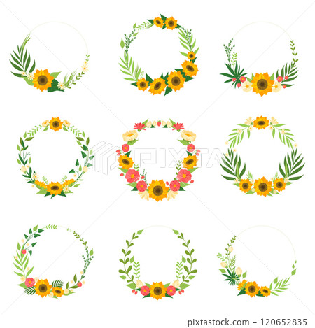 Floral Wreath with Flowers Set, Circle Frames with Place for Text Vector Illustration 120652835