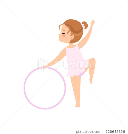Cute Flexible Little Ballerina Doing Exercise with Hoop, Girl Gymnast Character Training Vector Illustration 120652836