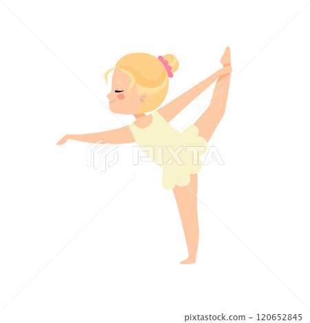 Cute Little Ballerina Doing Exercise, Blonde Girl Ballet Dancer Character Training Vector Illustration Cute Little Ballerina Doing Exercise, Blonde Girl Ballet Dancer Character Training Vector Illustration 120652845