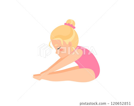 Cute Little Ballerina Doing Exercise, Blonde Girl Gymnast Character in Pink Leotard Vector Illustration Cute Little Ballerina Doing Exercise, Blonde Girl Gymnast Character in Pink Leotard Vector Illustration 120652851
