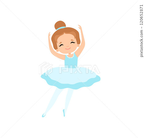 Cute Little Ballerina Dancing, Girl Ballet Dancer Character in Light Blue Tutu Dress Vector Illustration 120652871