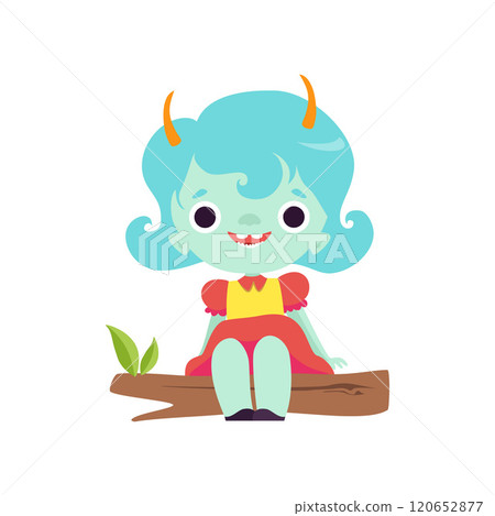 Cute Horned Troll Girl, Happy Adorable Fantasy Creature Character with Light Blue Hair Vector Illustration 120652877