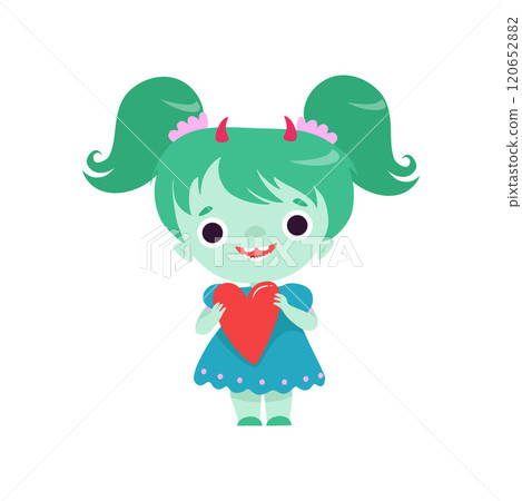 Cute Horned Troll Girl, Lovely Smiling Fantasy Creature Character with Green Hair Vector Illustration 120652882