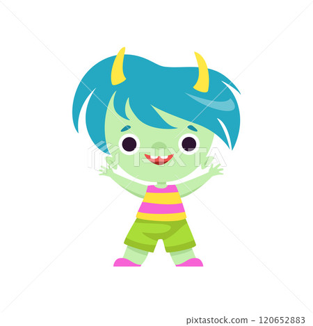 Cute Horned Troll Boy, Happy Adorable Fantasy Creature Character with Colored Hair Vector Illustration Cute Horned Troll Boy, Happy Adorable Fantasy Creature Character with Colored Hair Vector Illustration 120652883