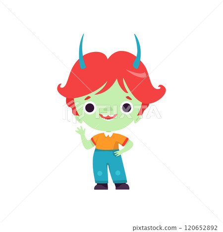 Cute Horned Troll Boy, Happy Fantasy Creature Character with Colored Hair Vector Illustration 120652892